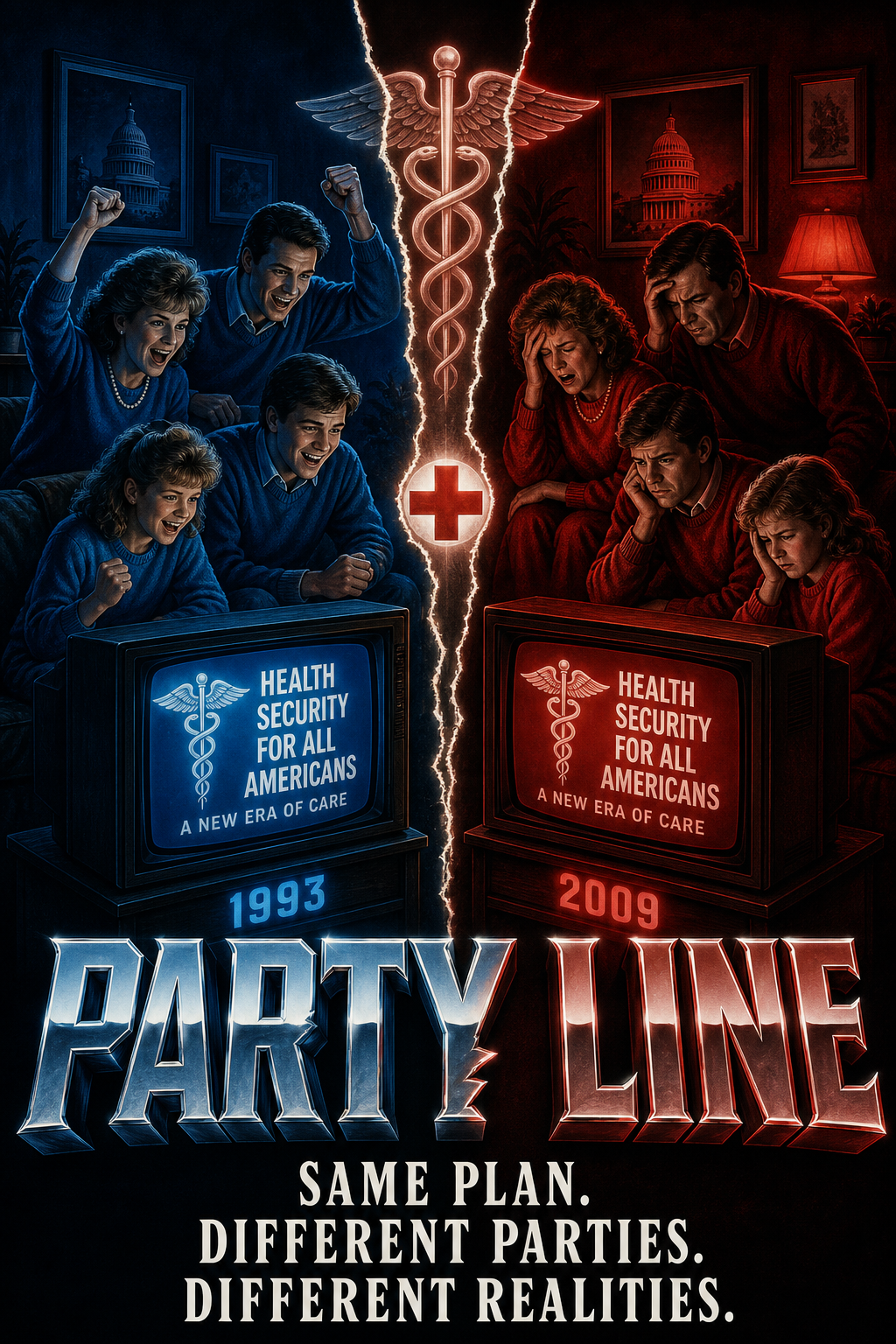 AI-generated movie poster for Responsive Partisanship: Public Support for the Clinton and Obama Health Care Plans