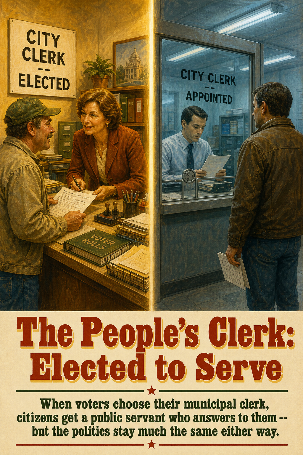 AI-generated movie poster for Elections and Representation in American Municipal Administration: Elite Survey Evidence from Five New England States