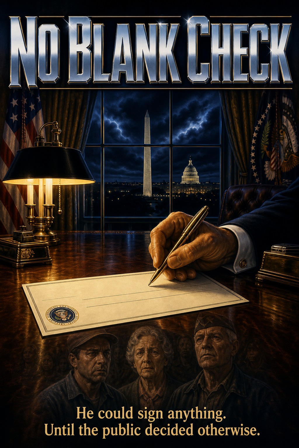 AI-generated movie poster for No Blank Check: The Origins and Consequences of Public Antipathy towards Presidential Power