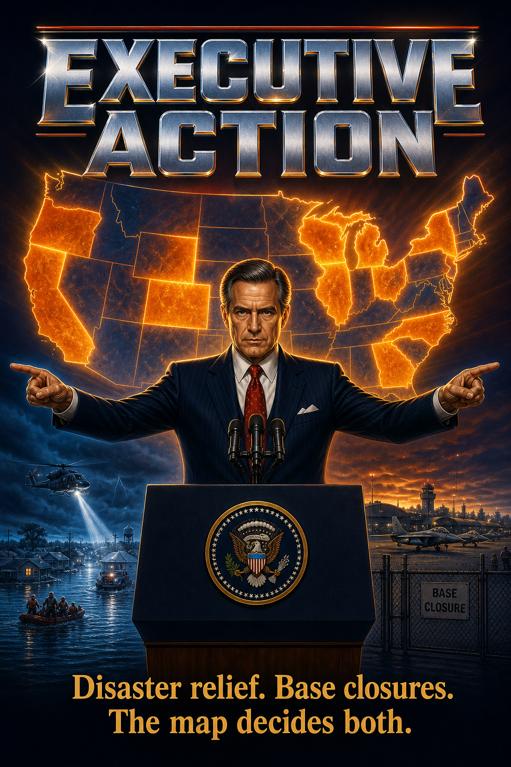 AI-generated movie poster for Presidential Particularism in Disaster Declarations and Military Base Closures