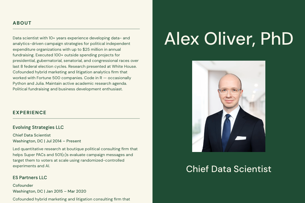 Screenshot of Alexander Oliver's professional website.