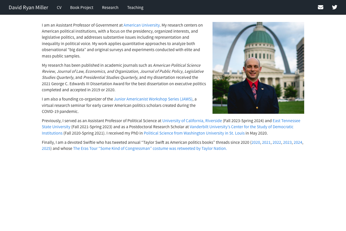 Screenshot of David Ryan Miller's professional website.