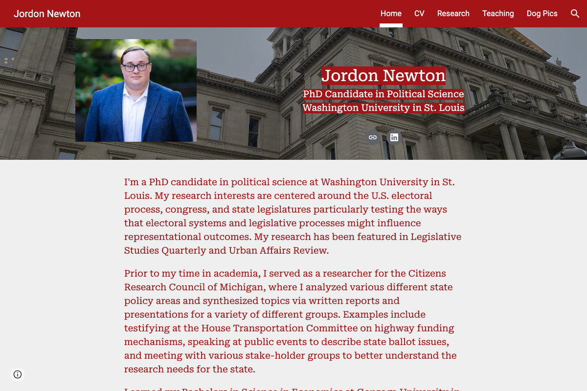 Screenshot of Jordon Newton's professional website.
