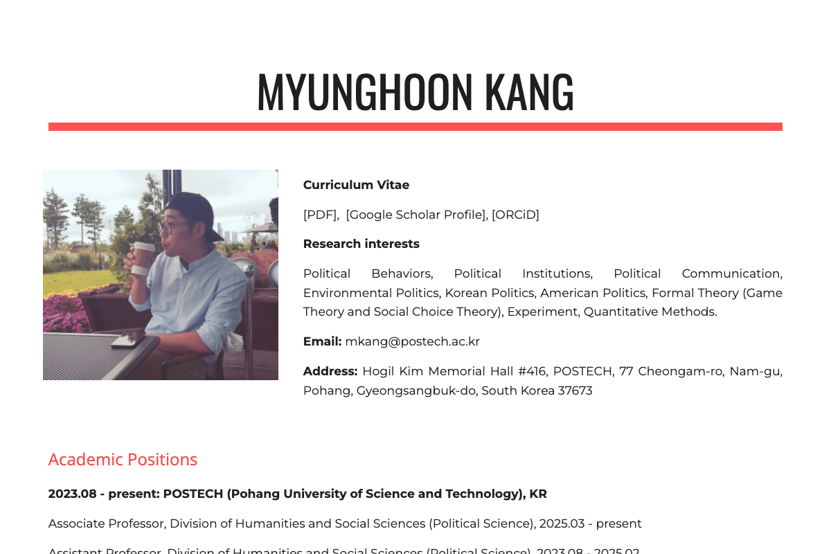 Screenshot of Myunghoon Kang's professional website.
